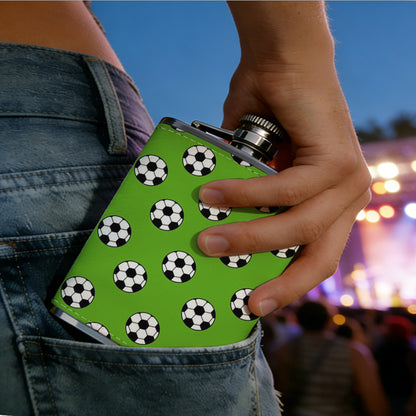 Green background with soccer ball patterns 8oz Stainless Steel Flask - Perfect Pocket Whiskey Holder for Men, Ideal Christian Gift for Friends, Colleagues & Brothers