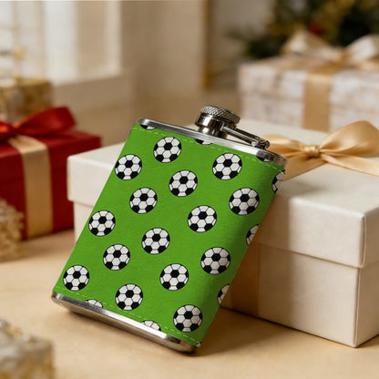 Green background with soccer ball patterns 8oz Stainless Steel Flask - Perfect Pocket Whiskey Holder for Men, Ideal Christian Gift for Friends, Colleagues & Brothers