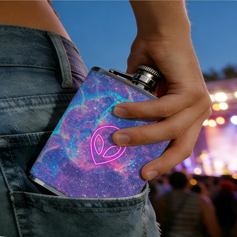 Neon pink heart on colorful neon background Stainless Steel Mini Flask 8oz Portable Travel Drinkware, Unique Gift for Golf Enthusiasts, Outdoor Activities, Parties & Special Occasions