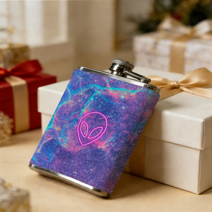 Neon pink heart on colorful neon background Stainless Steel Mini Flask 8oz Portable Travel Drinkware, Unique Gift for Golf Enthusiasts, Outdoor Activities, Parties & Special Occasions