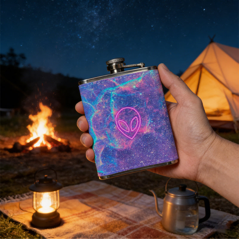 Neon pink heart on colorful neon background Stainless Steel Mini Flask 8oz Portable Travel Drinkware, Unique Gift for Golf Enthusiasts, Outdoor Activities, Parties & Special Occasions