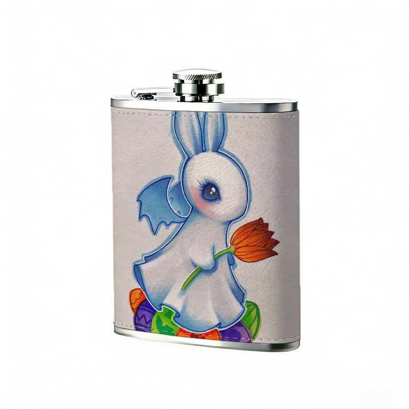 Cute cartoon rabbit with colorful eggs and flower Stainless Steel Mini Flask 8oz Portable Travel Drinkware, Unique Gift for Golf Enthusiasts, Outdoor Activities, Parties & Special Occasions