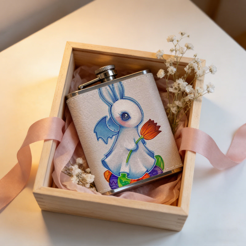 Cute cartoon rabbit with colorful eggs and flower Stainless Steel Mini Flask 8oz Portable Travel Drinkware, Unique Gift for Golf Enthusiasts, Outdoor Activities, Parties & Special Occasions