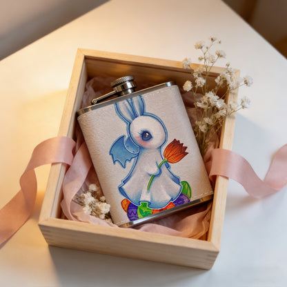 Cute cartoon rabbit with colorful eggs and flower Stainless Steel Mini Flask 8oz Portable Travel Drinkware, Unique Gift for Golf Enthusiasts, Outdoor Activities, Parties & Special Occasions