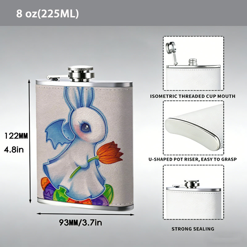 Cute cartoon rabbit with colorful eggs and flower Stainless Steel Mini Flask 8oz Portable Travel Drinkware, Unique Gift for Golf Enthusiasts, Outdoor Activities, Parties & Special Occasions