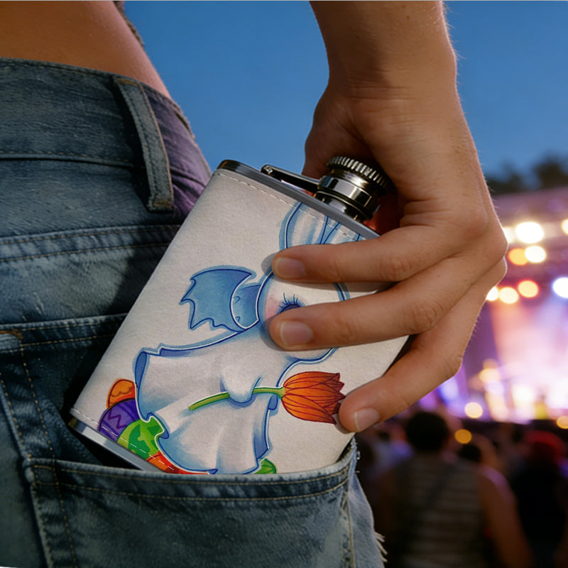 Cute cartoon rabbit with colorful eggs and flower Stainless Steel Mini Flask 8oz Portable Travel Drinkware, Unique Gift for Golf Enthusiasts, Outdoor Activities, Parties & Special Occasions