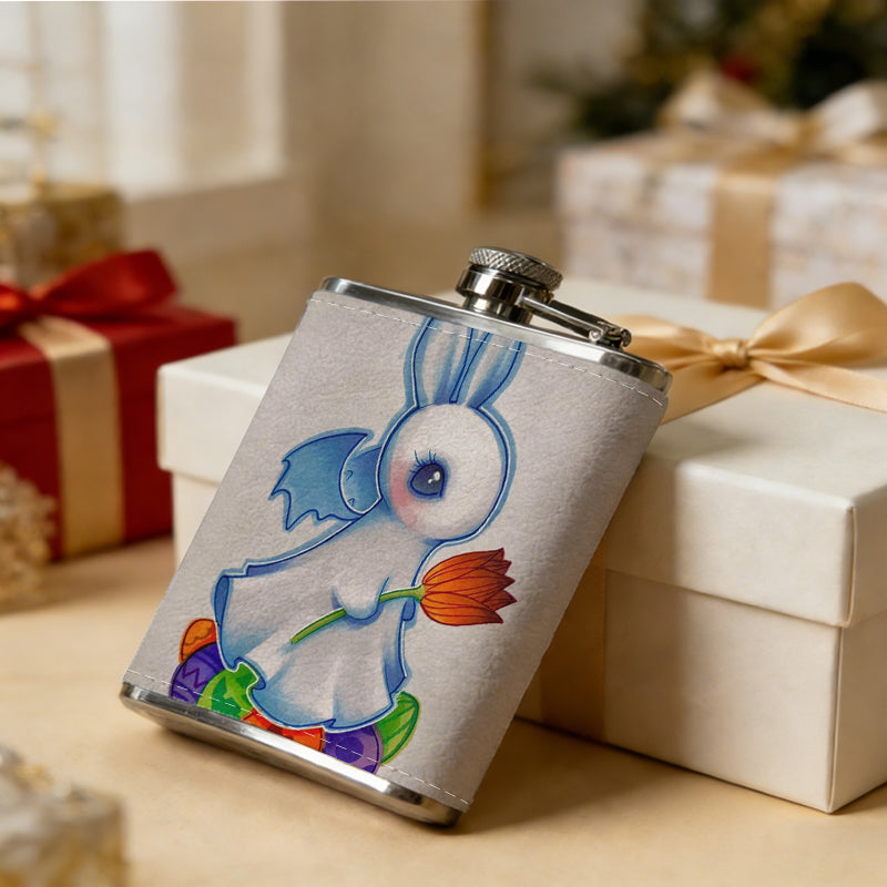 Cute cartoon rabbit with colorful eggs and flower Stainless Steel Mini Flask 8oz Portable Travel Drinkware, Unique Gift for Golf Enthusiasts, Outdoor Activities, Parties & Special Occasions