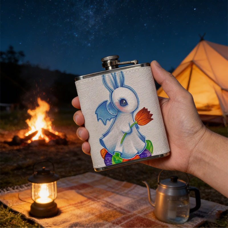Cute cartoon rabbit with colorful eggs and flower Stainless Steel Mini Flask 8oz Portable Travel Drinkware, Unique Gift for Golf Enthusiasts, Outdoor Activities, Parties & Special Occasions