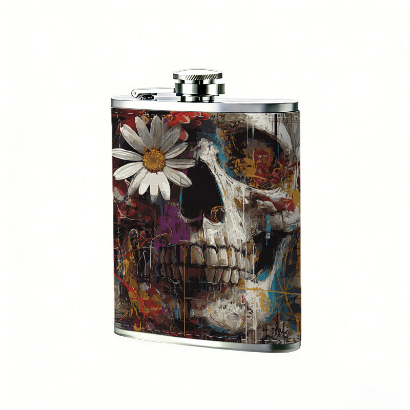 Skull with flowers Stainless Steel Mini Flask 8oz Portable Travel Drinkware, Unique Gift for Golf Enthusiasts, Outdoor Activities, Parties & Special Occasions