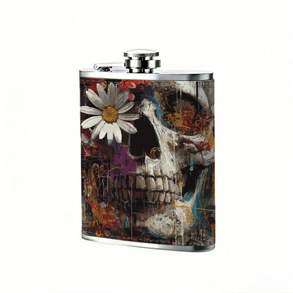 Skull with flowers Stainless Steel Mini Flask 8oz Portable Travel Drinkware, Unique Gift for Golf Enthusiasts, Outdoor Activities, Parties & Special Occasions