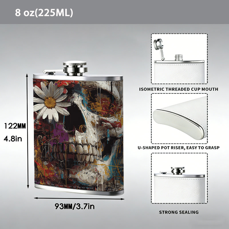 Skull with flowers Stainless Steel Mini Flask 8oz Portable Travel Drinkware, Unique Gift for Golf Enthusiasts, Outdoor Activities, Parties & Special Occasions