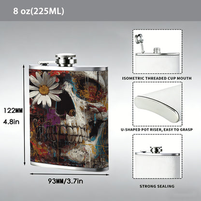 Skull with flowers Stainless Steel Mini Flask 8oz Portable Travel Drinkware, Unique Gift for Golf Enthusiasts, Outdoor Activities, Parties & Special Occasions