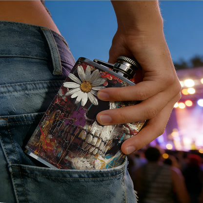 Skull with flowers Stainless Steel Mini Flask 8oz Portable Travel Drinkware, Unique Gift for Golf Enthusiasts, Outdoor Activities, Parties & Special Occasions