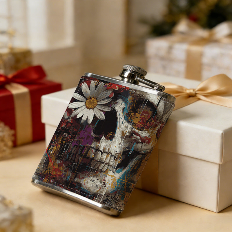 Skull with flowers Stainless Steel Mini Flask 8oz Portable Travel Drinkware, Unique Gift for Golf Enthusiasts, Outdoor Activities, Parties & Special Occasions
