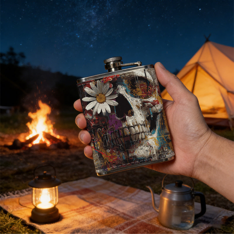 Skull with flowers Stainless Steel Mini Flask 8oz Portable Travel Drinkware, Unique Gift for Golf Enthusiasts, Outdoor Activities, Parties & Special Occasions