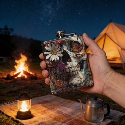 Skull with flowers Stainless Steel Mini Flask 8oz Portable Travel Drinkware, Unique Gift for Golf Enthusiasts, Outdoor Activities, Parties & Special Occasions