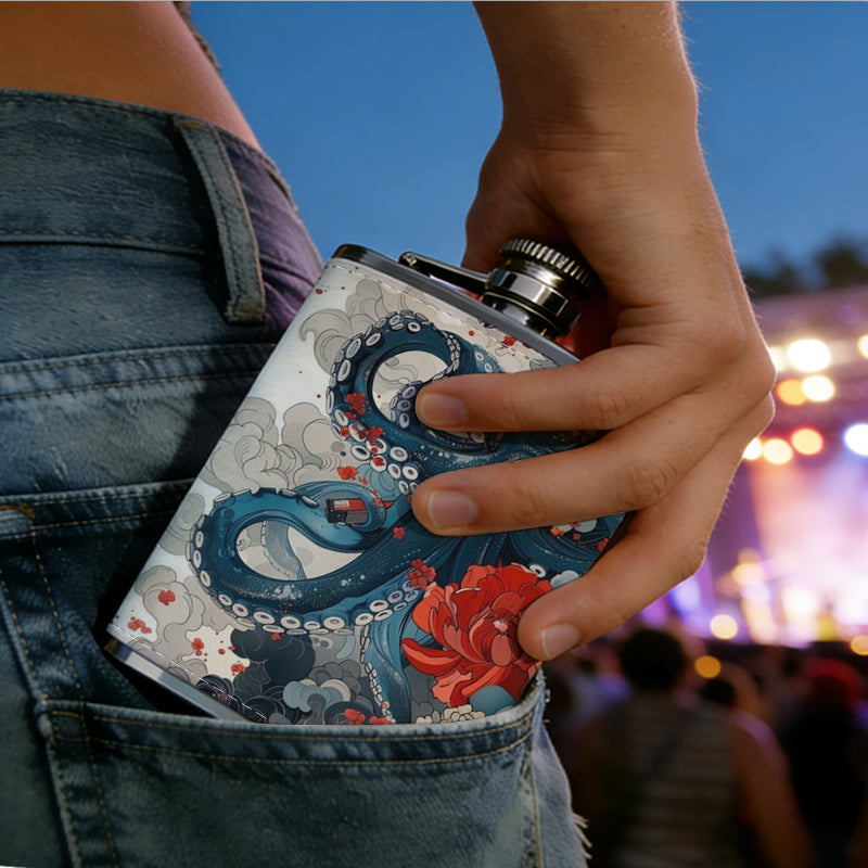 Swirling abstract watercolor artwork Stainless Steel Mini Flask 8oz Portable Travel Drinkware, Unique Gift for Golf Enthusiasts, Outdoor Activities, Parties & Special Occasions