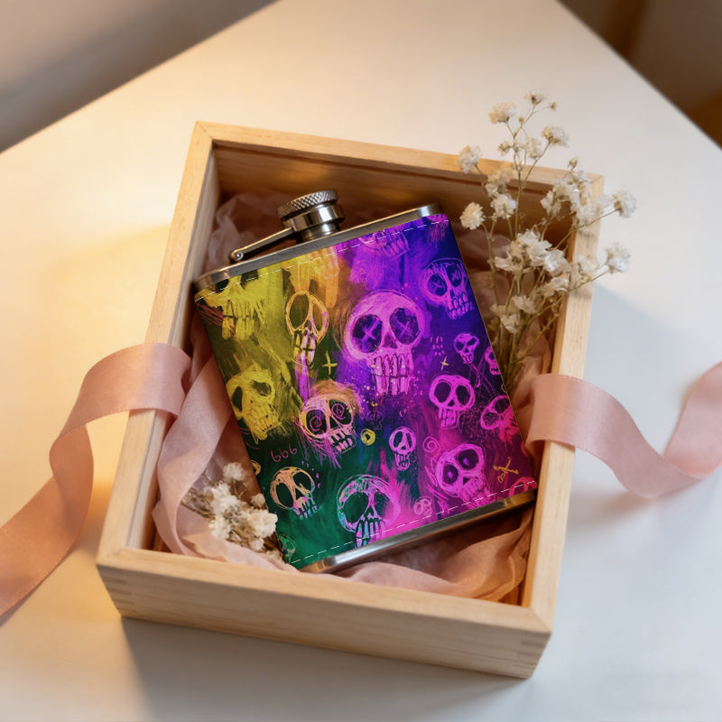 Neon rainbow skull patterns Stainless Steel Mini Flask 8oz Portable Travel Drinkware, Unique Gift for Golf Enthusiasts, Outdoor Activities, Parties & Special Occasions