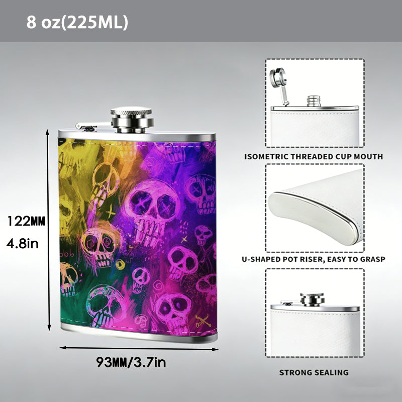 Neon rainbow skull patterns Stainless Steel Mini Flask 8oz Portable Travel Drinkware, Unique Gift for Golf Enthusiasts, Outdoor Activities, Parties & Special Occasions