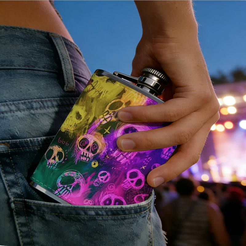 Neon rainbow skull patterns Stainless Steel Mini Flask 8oz Portable Travel Drinkware, Unique Gift for Golf Enthusiasts, Outdoor Activities, Parties & Special Occasions