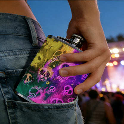 Neon rainbow skull patterns Stainless Steel Mini Flask 8oz Portable Travel Drinkware, Unique Gift for Golf Enthusiasts, Outdoor Activities, Parties & Special Occasions