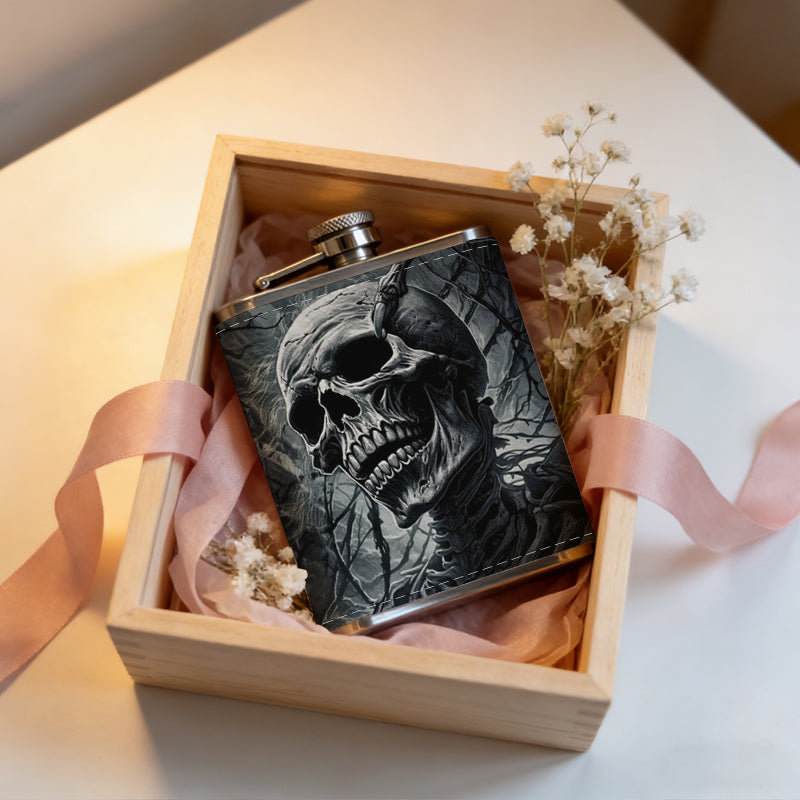 Skull in dark smoky background Stainless Steel Mini Flask 8oz Portable Travel Drinkware, Unique Gift for Golf Enthusiasts, Outdoor Activities, Parties & Special Occasions
