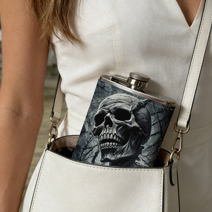 Skull in dark smoky background Stainless Steel Mini Flask 8oz Portable Travel Drinkware, Unique Gift for Golf Enthusiasts, Outdoor Activities, Parties & Special Occasions