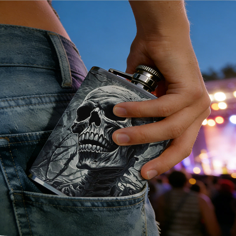 Skull in dark smoky background Stainless Steel Mini Flask 8oz Portable Travel Drinkware, Unique Gift for Golf Enthusiasts, Outdoor Activities, Parties & Special Occasions