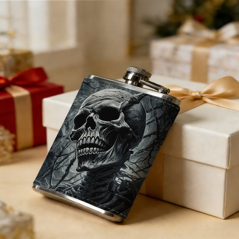 Skull in dark smoky background Stainless Steel Mini Flask 8oz Portable Travel Drinkware, Unique Gift for Golf Enthusiasts, Outdoor Activities, Parties & Special Occasions