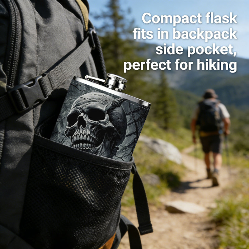 Skull in dark smoky background Stainless Steel Mini Flask 8oz Portable Travel Drinkware, Unique Gift for Golf Enthusiasts, Outdoor Activities, Parties & Special Occasions