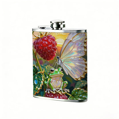 Painting of strawberries and white butterfly Stainless Steel Mini Flask 8oz Portable Travel Drinkware, Unique Gift for Golf Enthusiasts, Outdoor Activities, Parties & Special Occasions