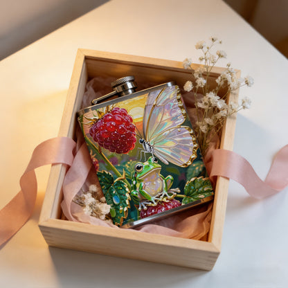 Painting of strawberries and white butterfly Stainless Steel Mini Flask 8oz Portable Travel Drinkware, Unique Gift for Golf Enthusiasts, Outdoor Activities, Parties & Special Occasions
