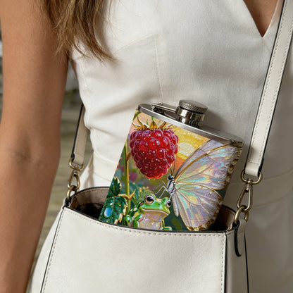 Painting of strawberries and white butterfly Stainless Steel Mini Flask 8oz Portable Travel Drinkware, Unique Gift for Golf Enthusiasts, Outdoor Activities, Parties & Special Occasions