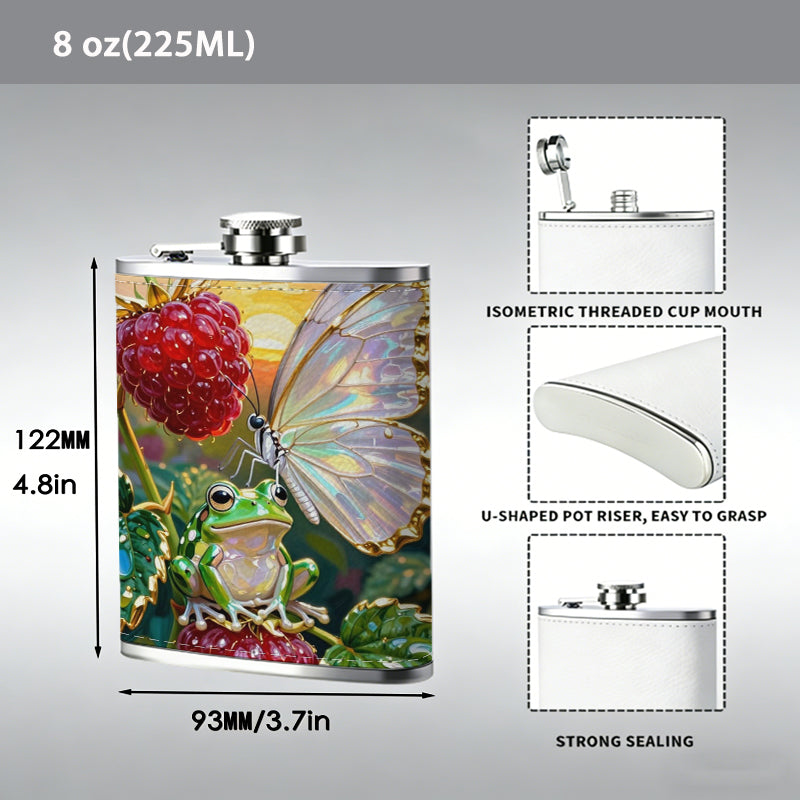 Painting of strawberries and white butterfly Stainless Steel Mini Flask 8oz Portable Travel Drinkware, Unique Gift for Golf Enthusiasts, Outdoor Activities, Parties & Special Occasions
