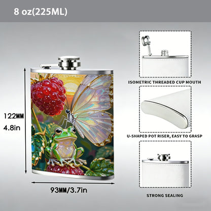 Painting of strawberries and white butterfly Stainless Steel Mini Flask 8oz Portable Travel Drinkware, Unique Gift for Golf Enthusiasts, Outdoor Activities, Parties & Special Occasions