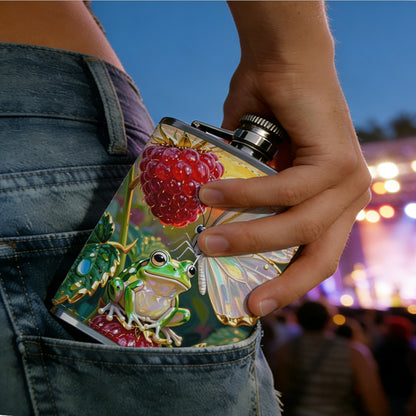 Painting of strawberries and white butterfly Stainless Steel Mini Flask 8oz Portable Travel Drinkware, Unique Gift for Golf Enthusiasts, Outdoor Activities, Parties & Special Occasions