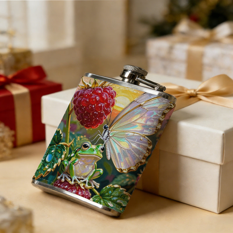 Painting of strawberries and white butterfly Stainless Steel Mini Flask 8oz Portable Travel Drinkware, Unique Gift for Golf Enthusiasts, Outdoor Activities, Parties & Special Occasions