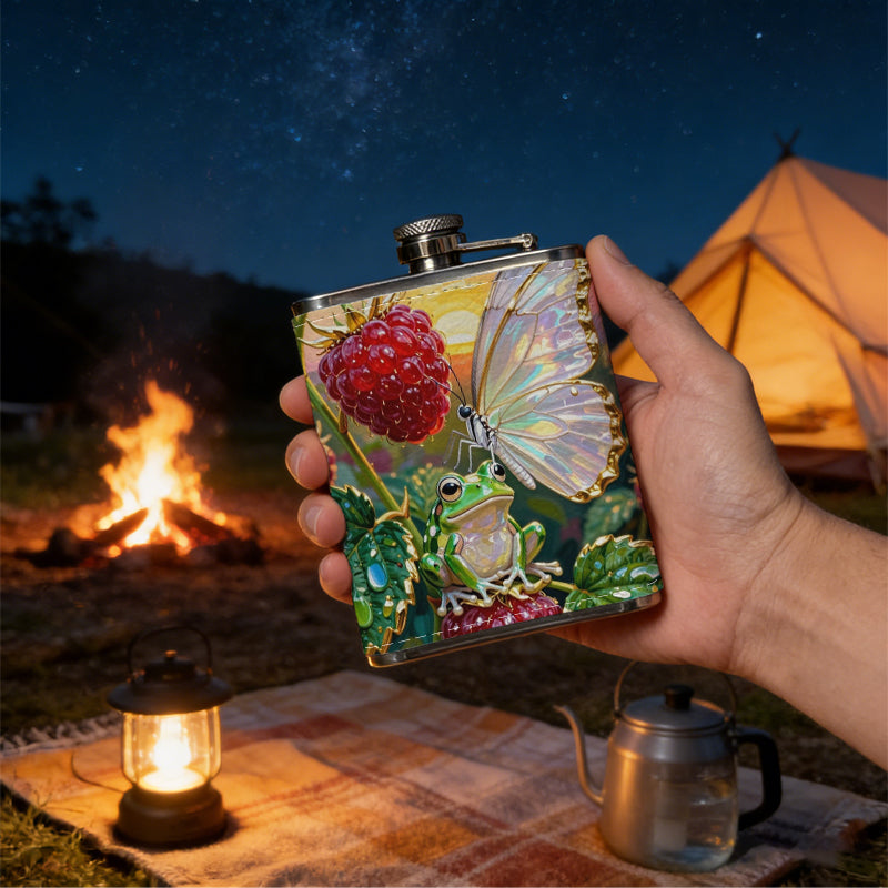 Painting of strawberries and white butterfly Stainless Steel Mini Flask 8oz Portable Travel Drinkware, Unique Gift for Golf Enthusiasts, Outdoor Activities, Parties & Special Occasions