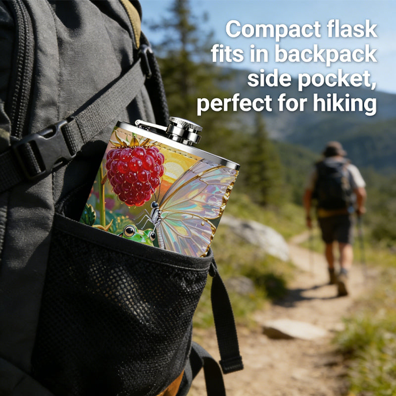 Painting of strawberries and white butterfly Stainless Steel Mini Flask 8oz Portable Travel Drinkware, Unique Gift for Golf Enthusiasts, Outdoor Activities, Parties & Special Occasions