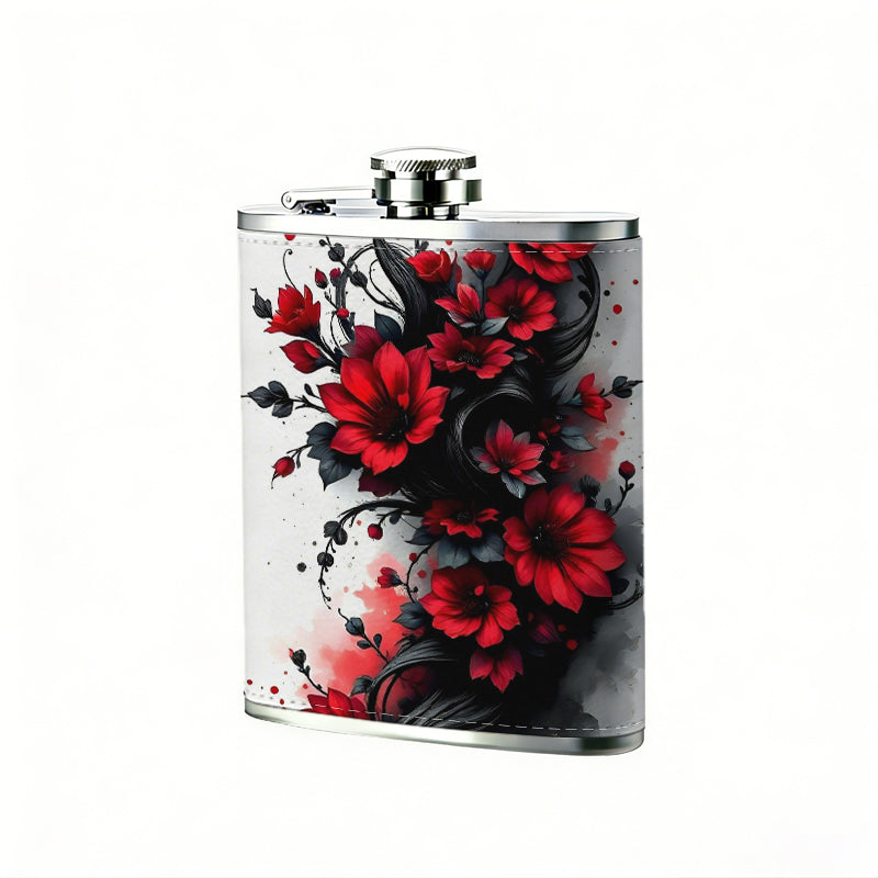 Red roses and black vines pattern Stainless Steel Mini Flask 8oz Portable Travel Drinkware, Unique Gift for Golf Enthusiasts, Outdoor Activities, Parties & Special Occasions