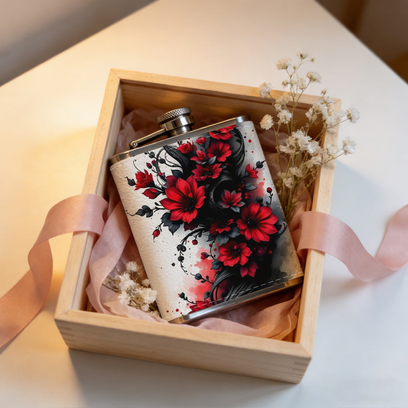 Red roses and black vines pattern Stainless Steel Mini Flask 8oz Portable Travel Drinkware, Unique Gift for Golf Enthusiasts, Outdoor Activities, Parties & Special Occasions