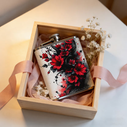 Red roses and black vines pattern Stainless Steel Mini Flask 8oz Portable Travel Drinkware, Unique Gift for Golf Enthusiasts, Outdoor Activities, Parties & Special Occasions