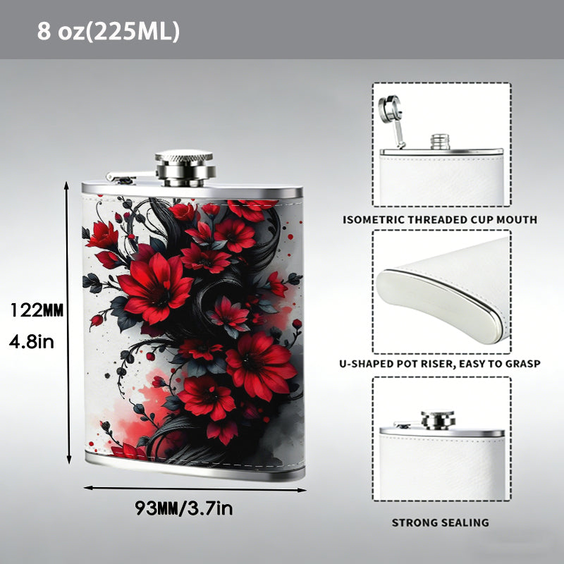 Red roses and black vines pattern Stainless Steel Mini Flask 8oz Portable Travel Drinkware, Unique Gift for Golf Enthusiasts, Outdoor Activities, Parties & Special Occasions