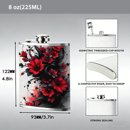 Red roses and black vines pattern Stainless Steel Mini Flask 8oz Portable Travel Drinkware, Unique Gift for Golf Enthusiasts, Outdoor Activities, Parties & Special Occasions