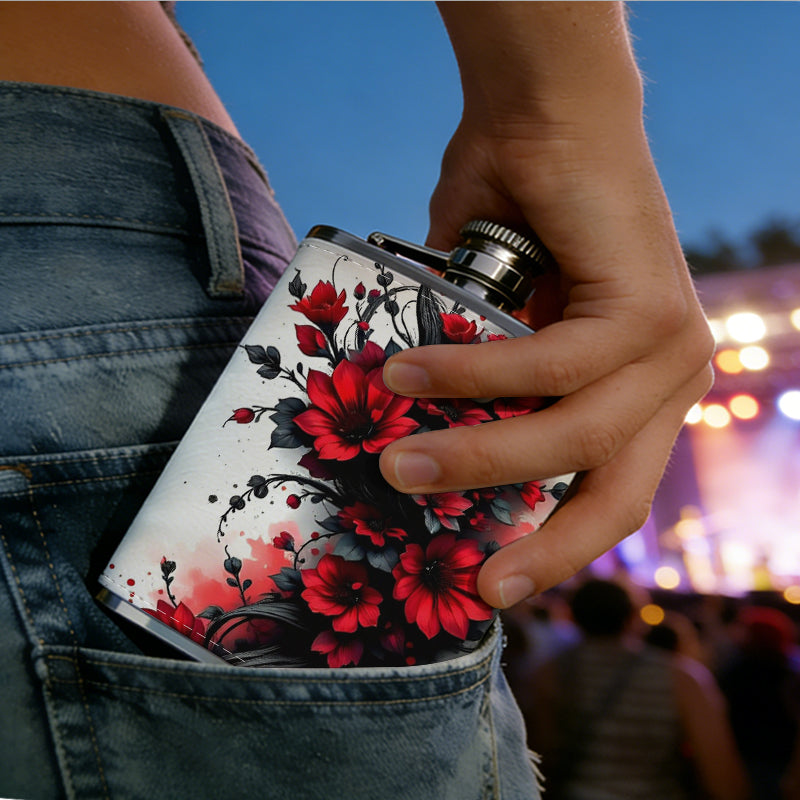 Red roses and black vines pattern Stainless Steel Mini Flask 8oz Portable Travel Drinkware, Unique Gift for Golf Enthusiasts, Outdoor Activities, Parties & Special Occasions