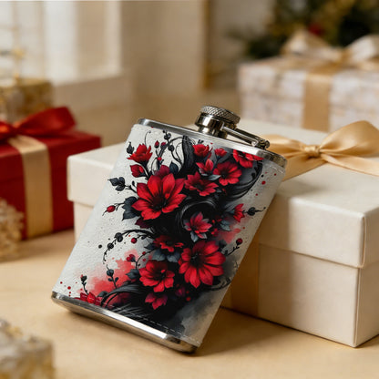 Red roses and black vines pattern Stainless Steel Mini Flask 8oz Portable Travel Drinkware, Unique Gift for Golf Enthusiasts, Outdoor Activities, Parties & Special Occasions