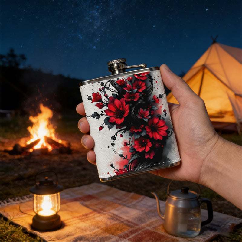 Red roses and black vines pattern Stainless Steel Mini Flask 8oz Portable Travel Drinkware, Unique Gift for Golf Enthusiasts, Outdoor Activities, Parties & Special Occasions