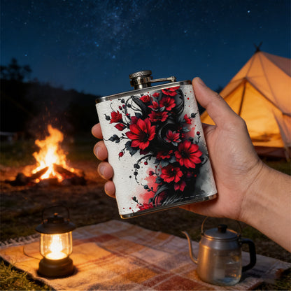 Red roses and black vines pattern Stainless Steel Mini Flask 8oz Portable Travel Drinkware, Unique Gift for Golf Enthusiasts, Outdoor Activities, Parties & Special Occasions