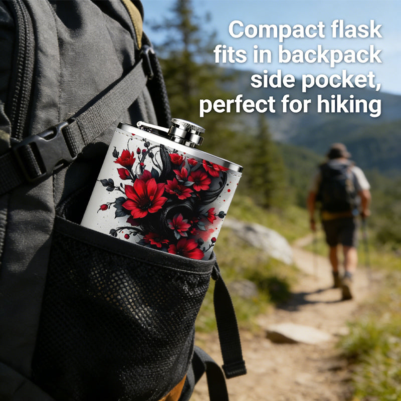 Red roses and black vines pattern Stainless Steel Mini Flask 8oz Portable Travel Drinkware, Unique Gift for Golf Enthusiasts, Outdoor Activities, Parties & Special Occasions