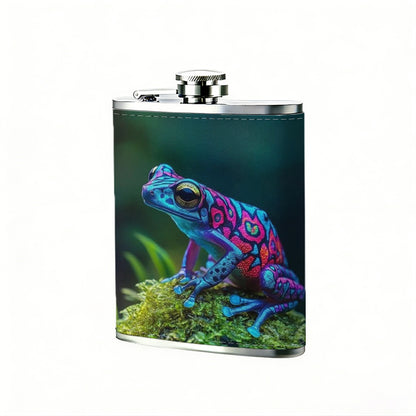 Colorful frog among green plants Stainless Steel Mini Flask 8oz Portable Travel Drinkware, Unique Gift for Golf Enthusiasts, Outdoor Activities, Parties & Special Occasions